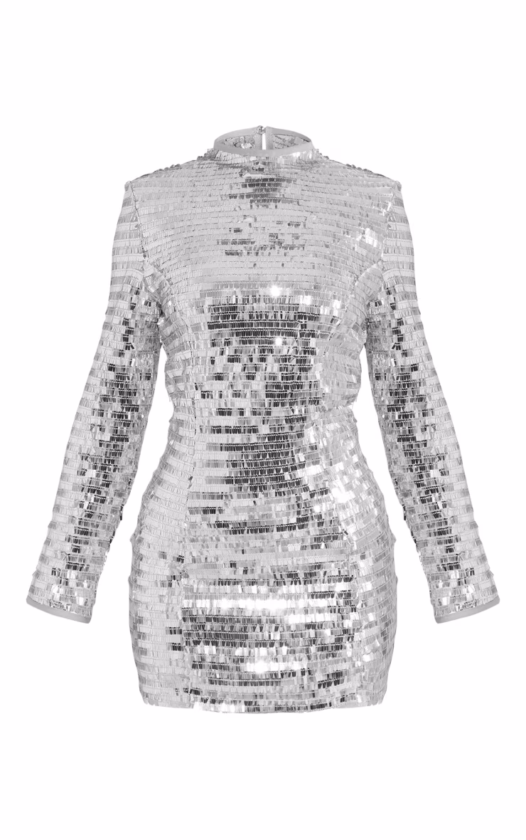 Petite Silver Sequin Shoulder Pad Detail Micro Mini Dress