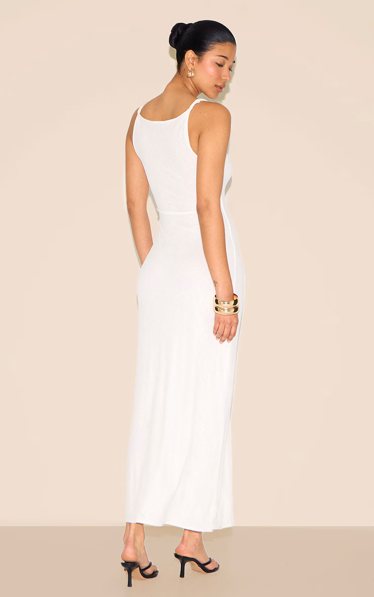 White Textured Twist Shoulders Maxi Dress