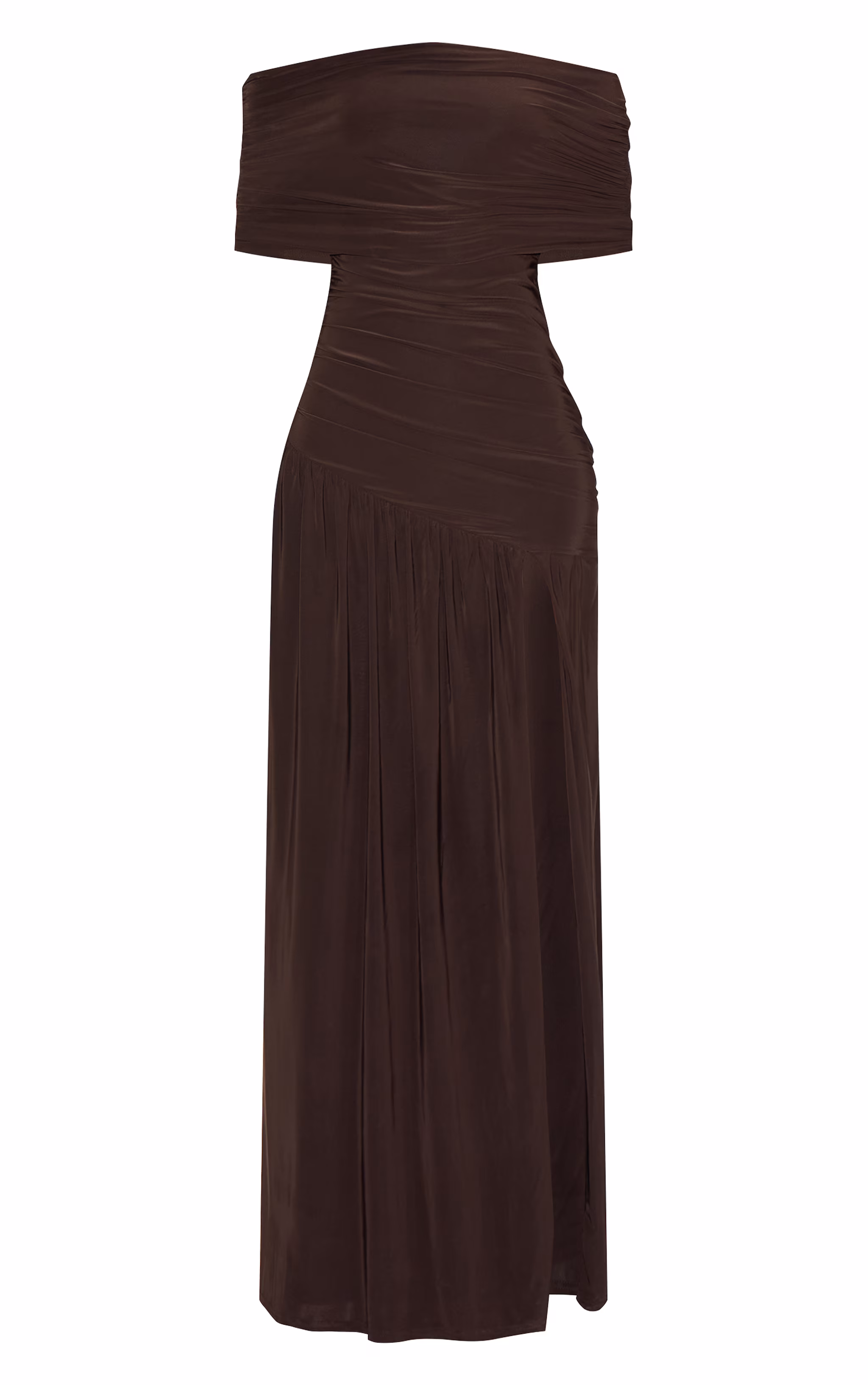 Chocolate Brown Double Layer Slinky Bardot One Shoulder Ruched Maxi Dress