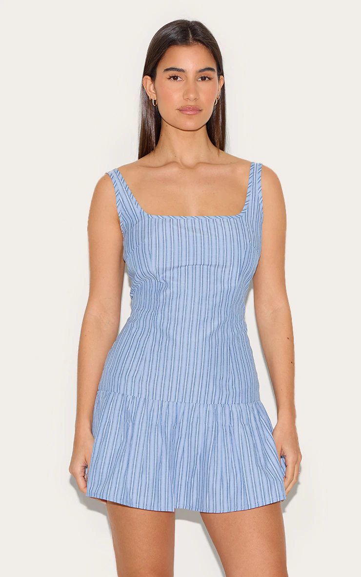 Blue Striped Sleeveless Straight Neck Shift Dress