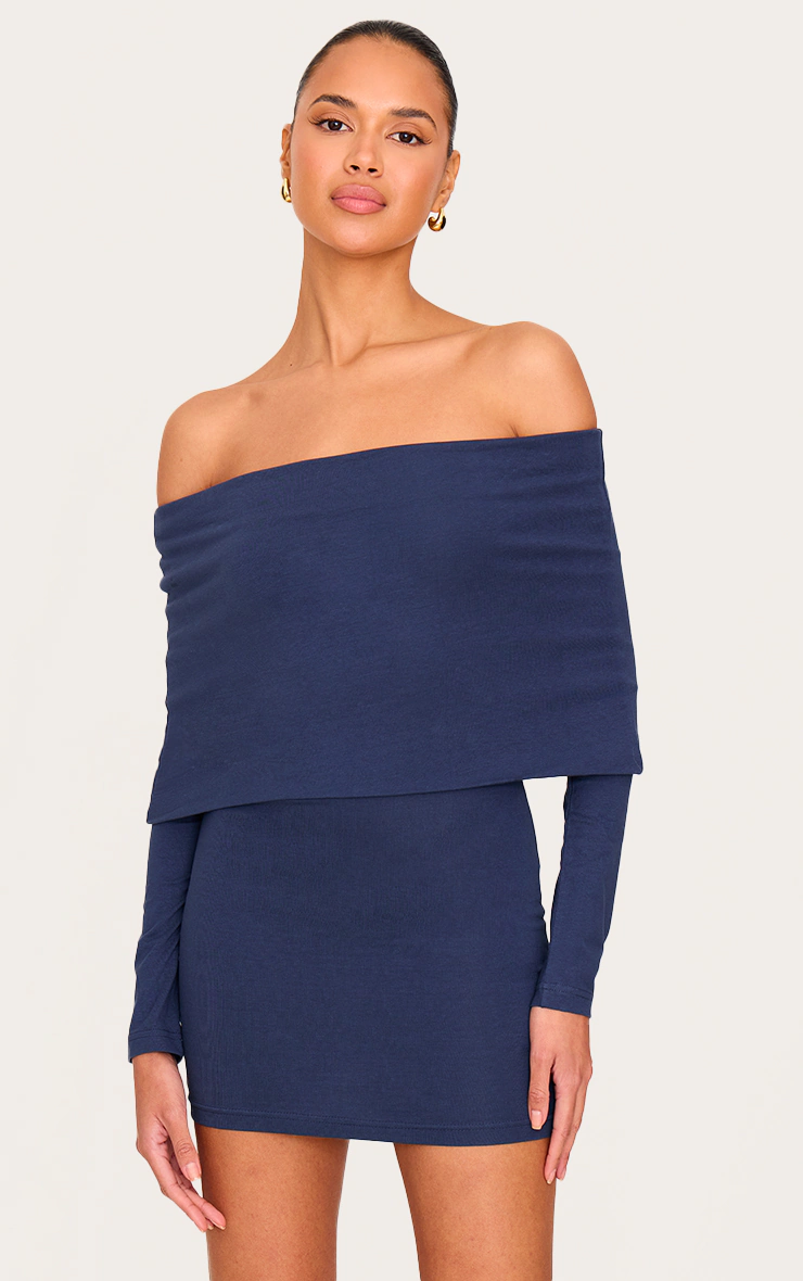 Navy Cotton Super Oversized Bardot Mini Dress