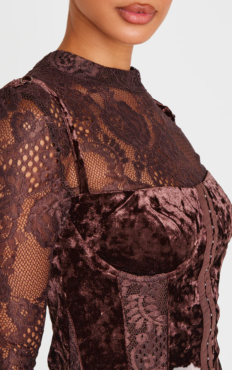 Petite Chocolate Crushed Velvet Long Sleeve Lace Detail Mini Dress