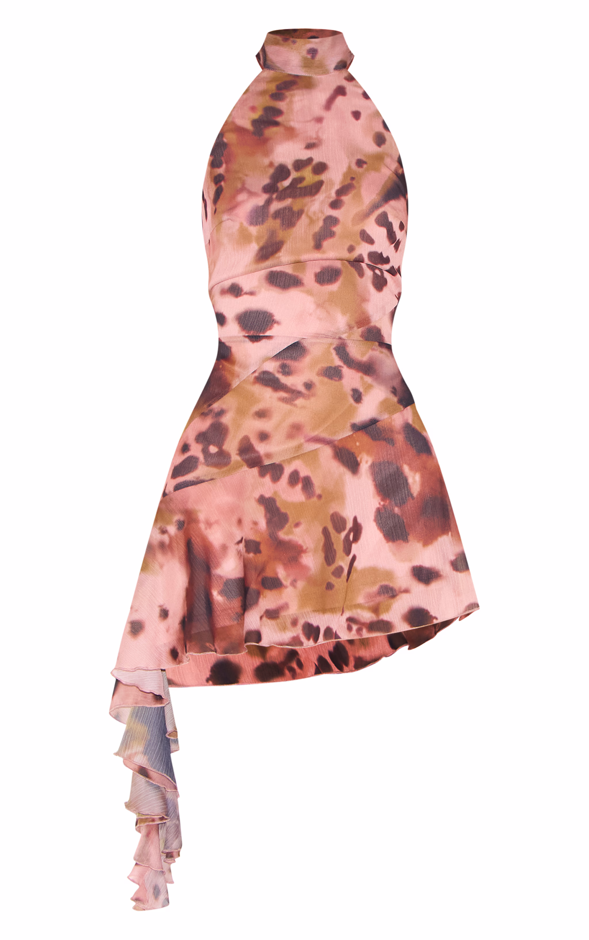 Abstract Chiffon Halter Neck Frill Detail Shift Dress