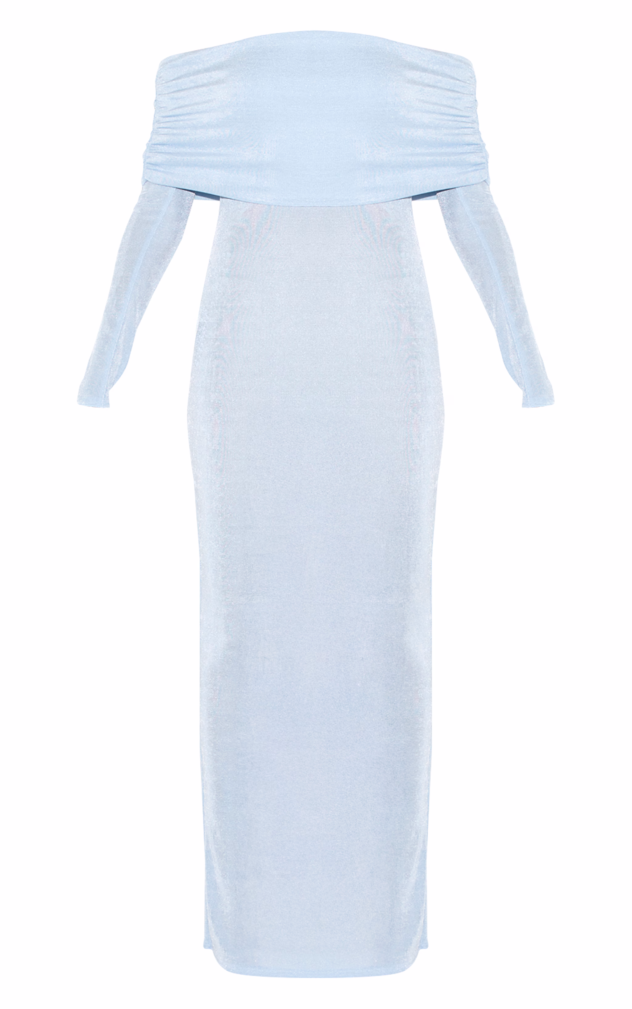 Light Blue Acetate Slinky Bardot Long Sleeve Maxi Dress