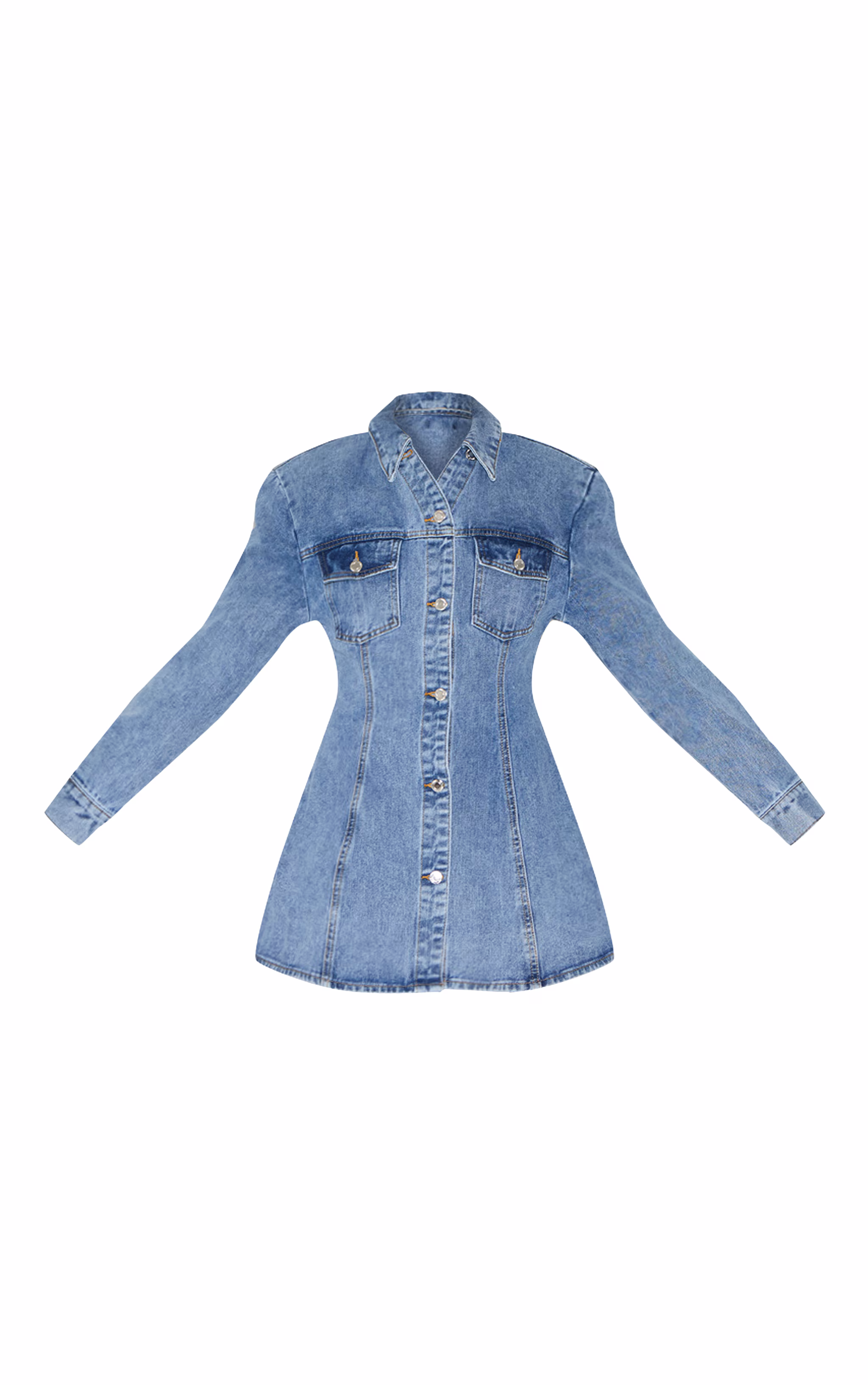 Mid Blue Wash Cinched Waist Denim Shirt Dress