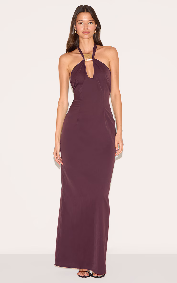 Plum Woven Halter Neck Trim Detail Maxi Dress
