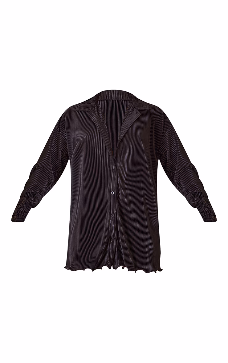 Black Plisse Frill Hem Shirt Dress