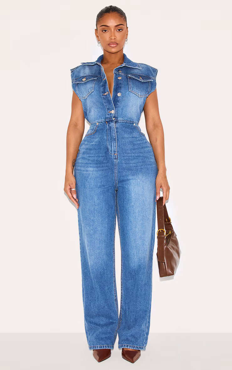 Shape Mid Blue Wash Sleeveless Rigid Denim Jumpsuit
