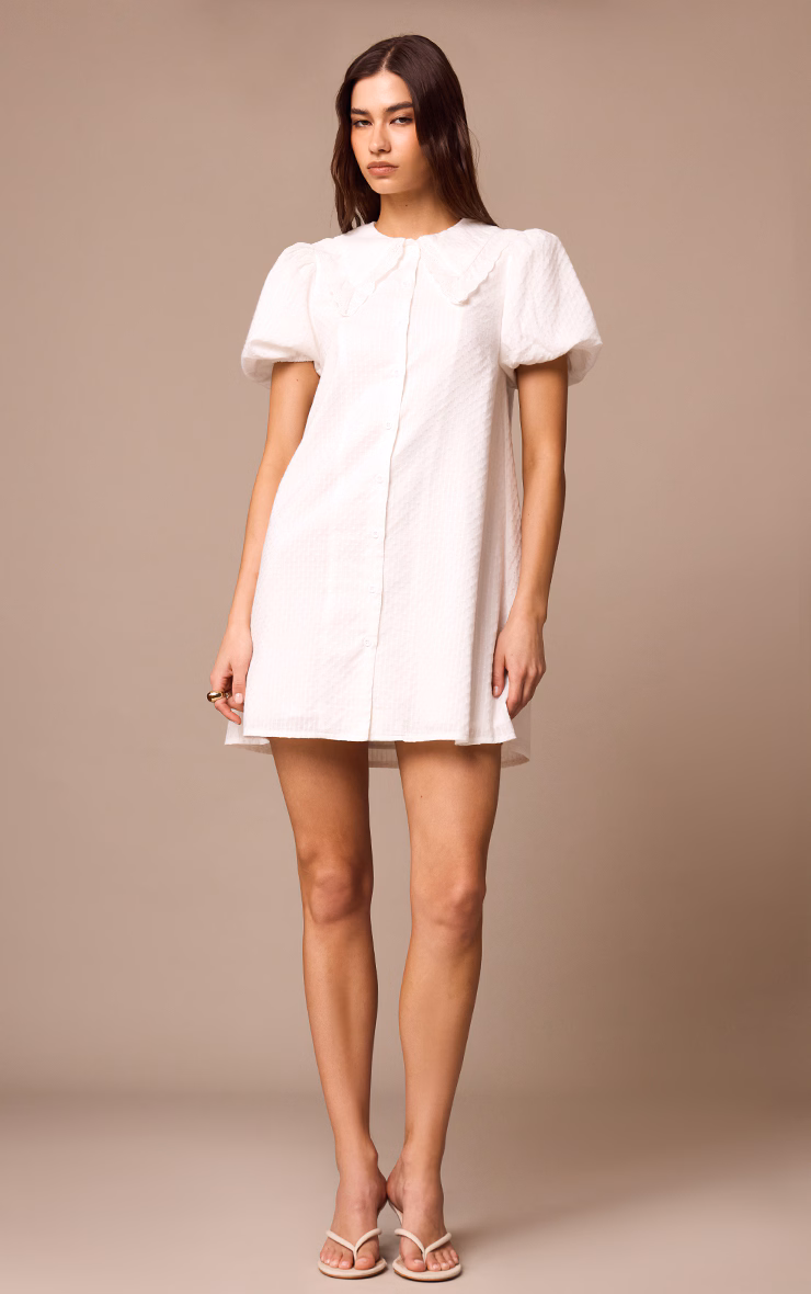 White Embroidered Cotton Lace Trim Puff Sleeve Shirt Dress