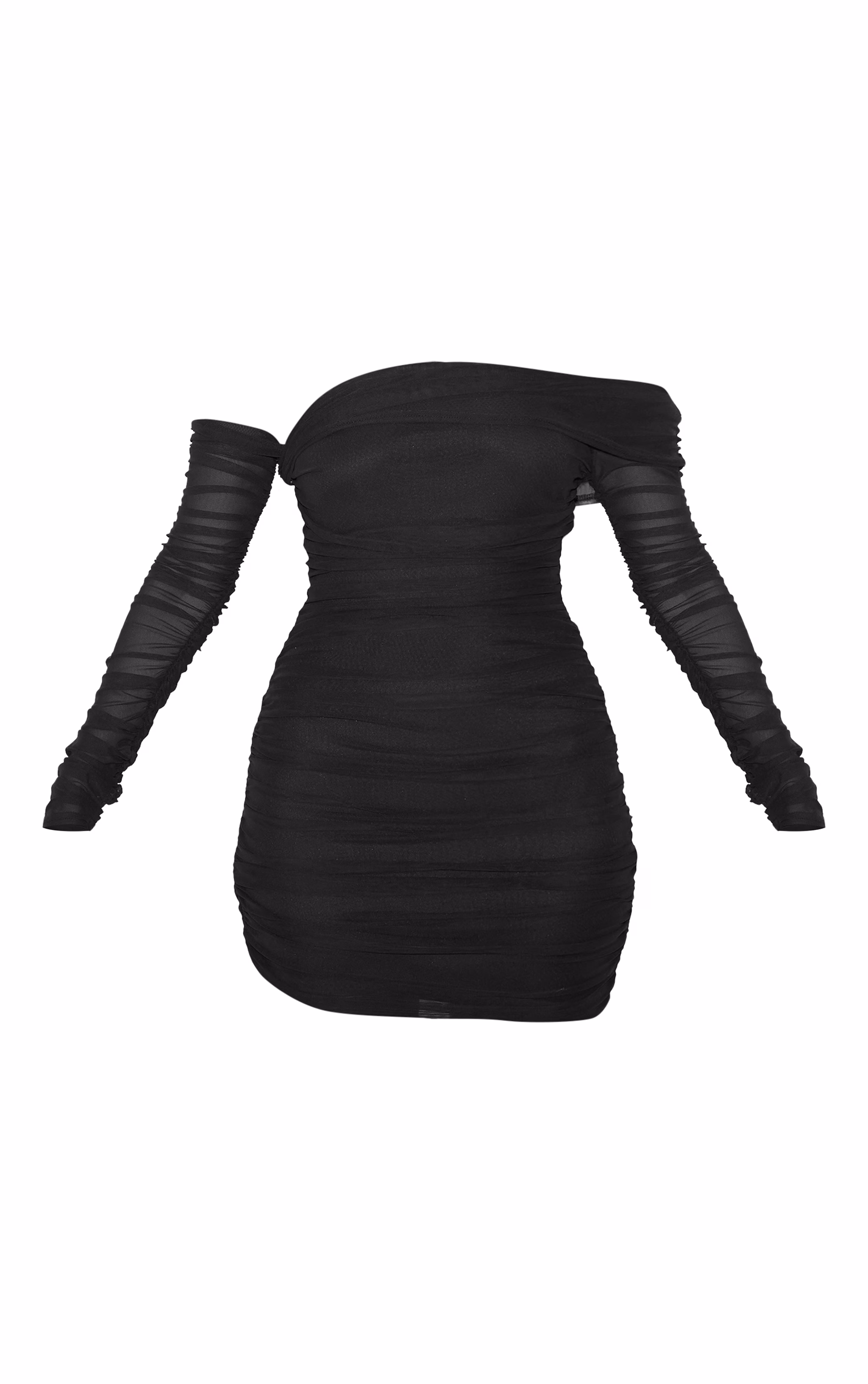 Black Layered Mesh Asymmetric Long Sleeve Mini Dress