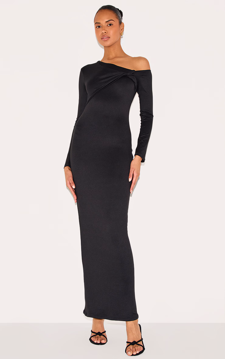 Black Double Contour Twist Detail Long Sleeve Maxi Dress