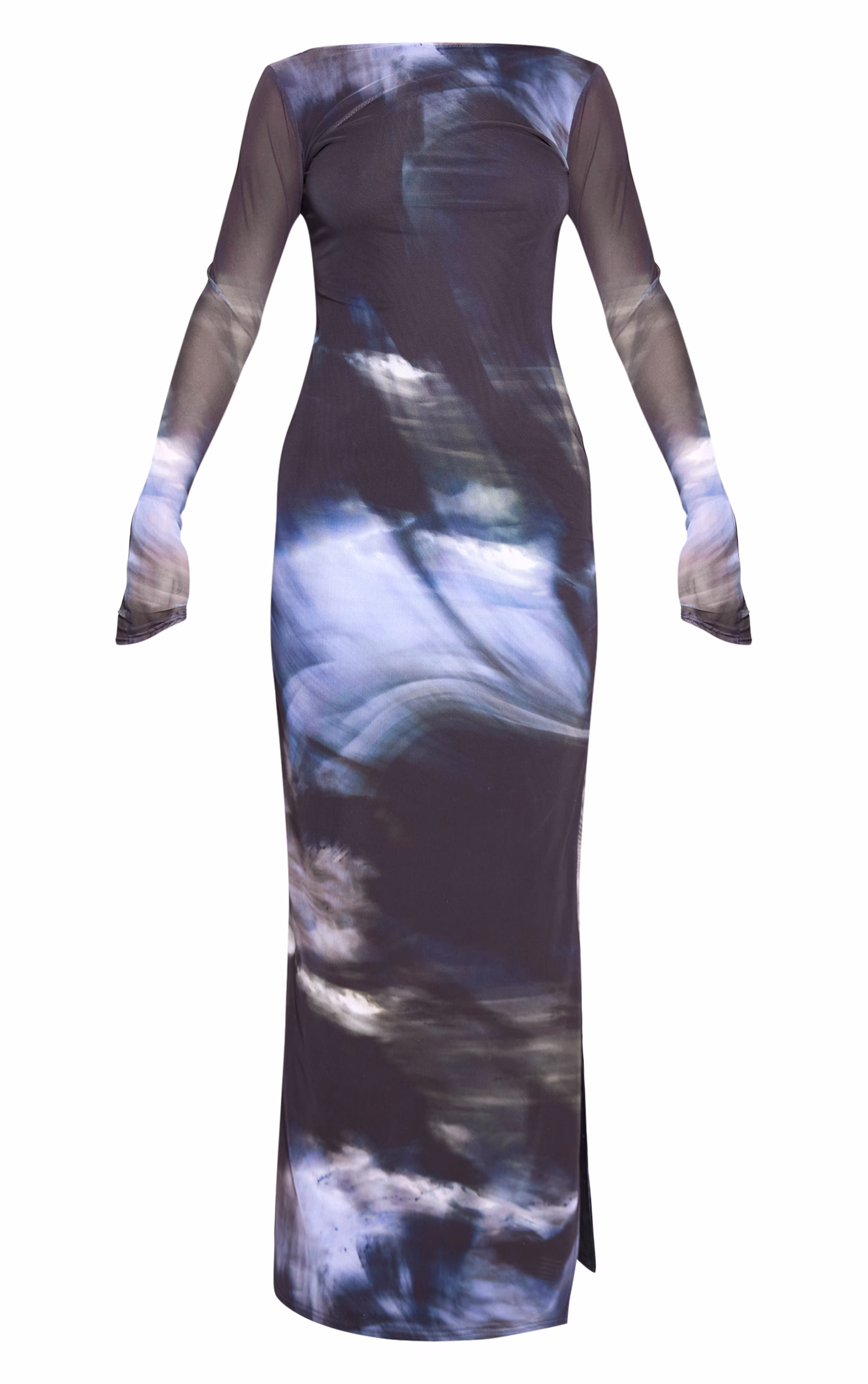 Black Printed Mesh Long Sleeve Maxi Dress