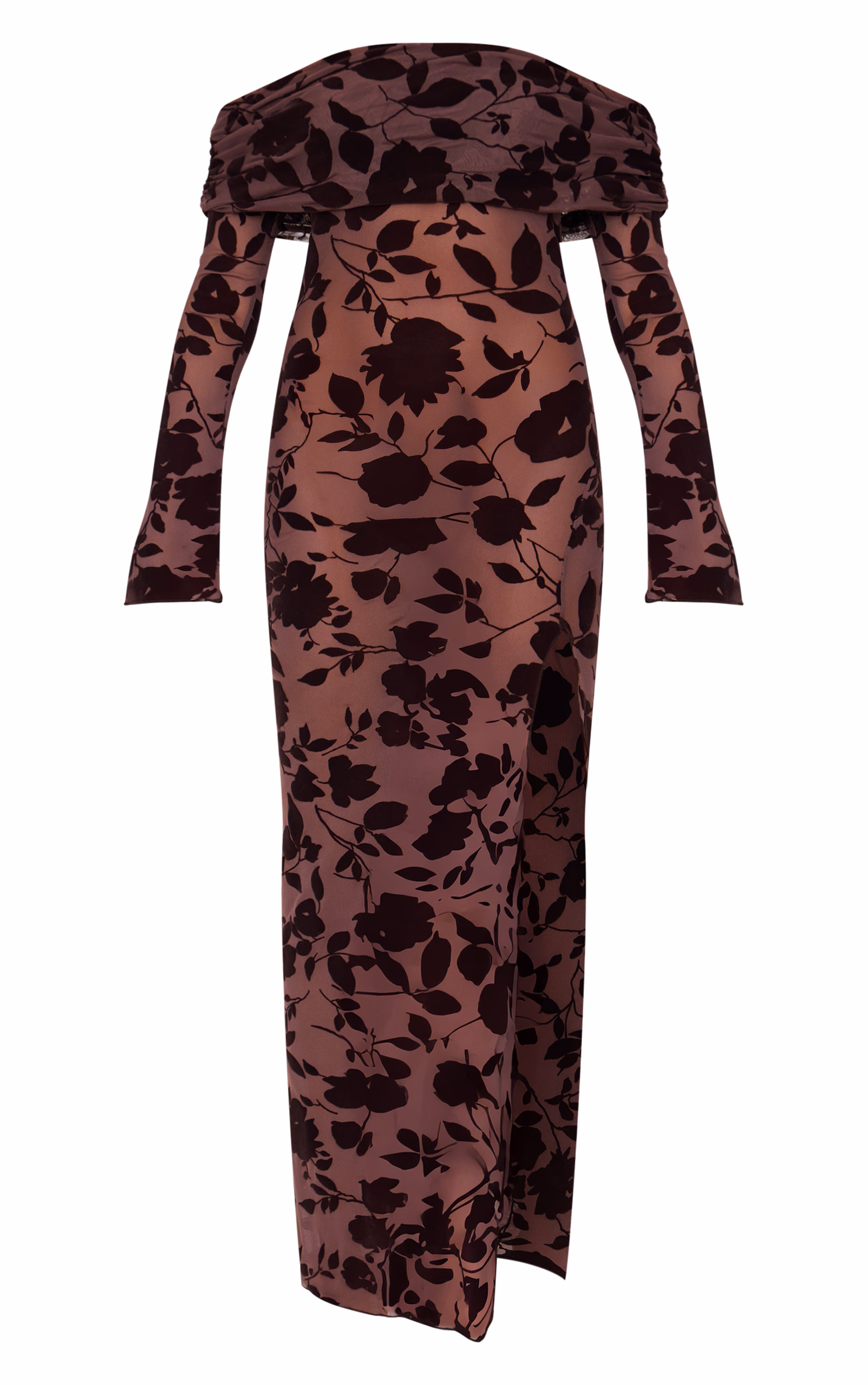 Chocolate Devore Bardot Long Sleeve Maxi Dress