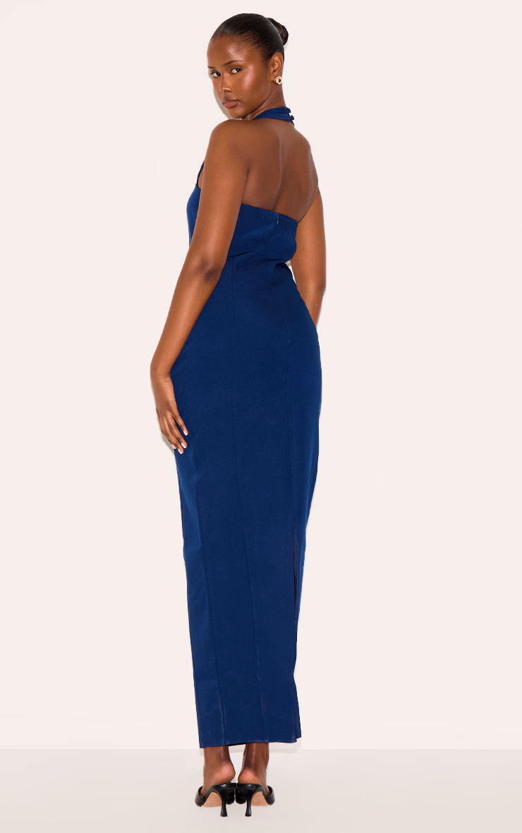 Navy Woven Halter Button Maxi Dress