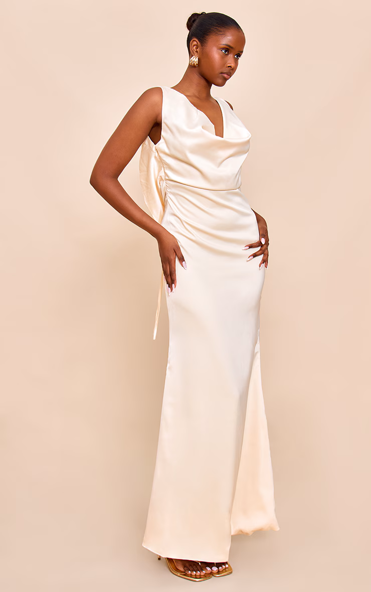 Lemon Bridesmaid Satin Cowl Neck Maxi Dress