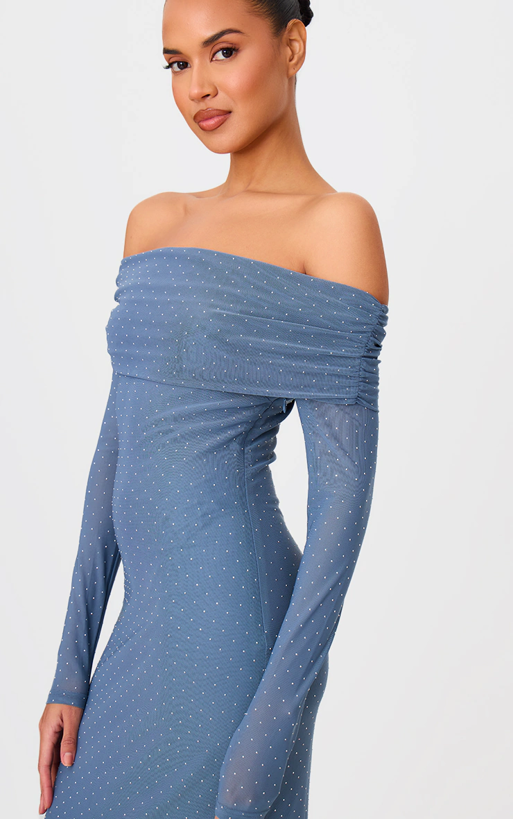 Steel Blue Diamante Bardot Long Sleeve Flare Sleeve Maxi Dress