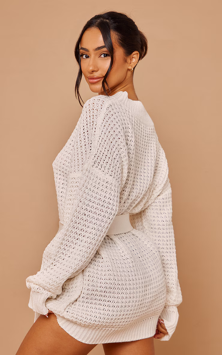 Petite Cream Soft Touch Belted Knit Sweater Dress