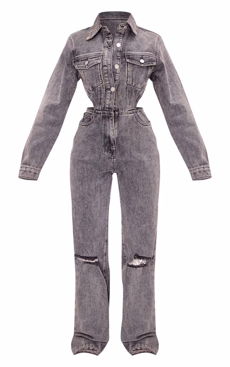 Petite Washed Grey Denim Ripped Knee Jumpsuit