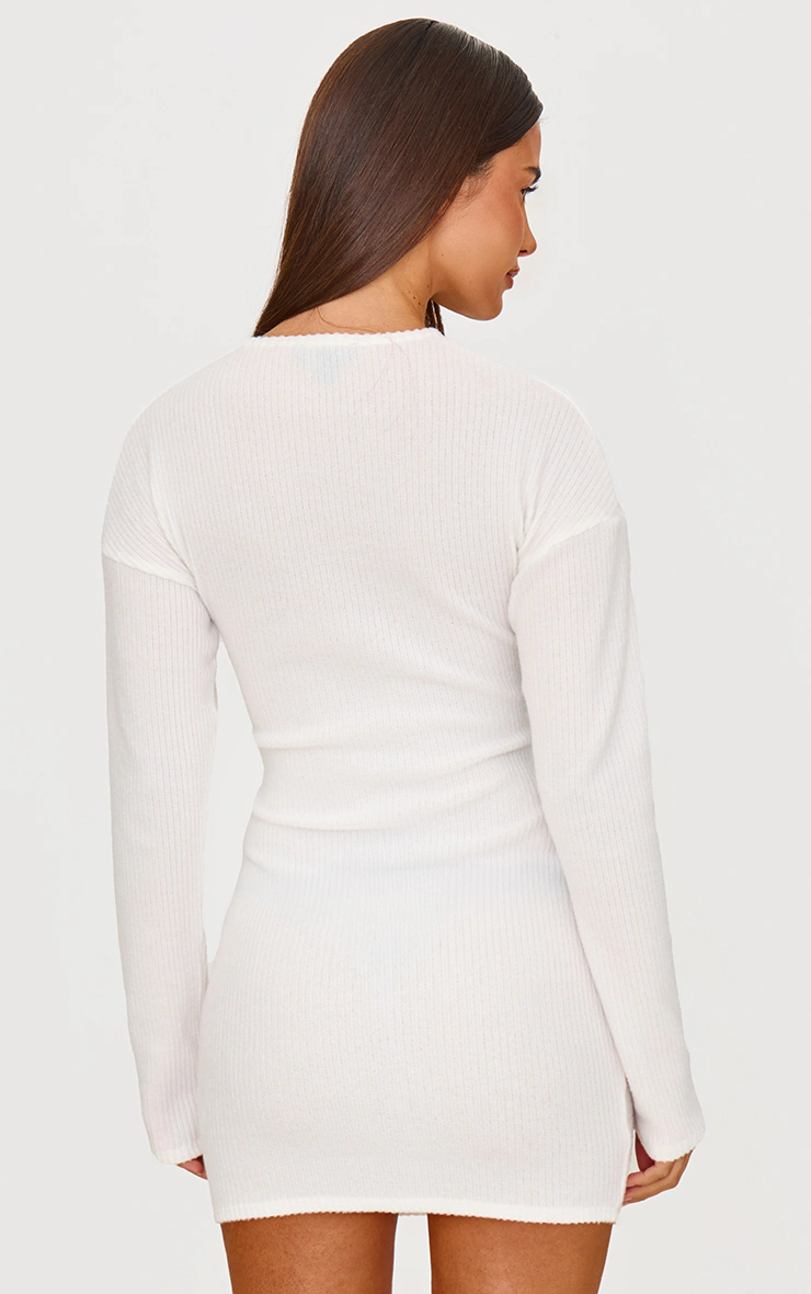 Cream Brushed Rib Button Detail Long Sleeve Bodycon Dress
