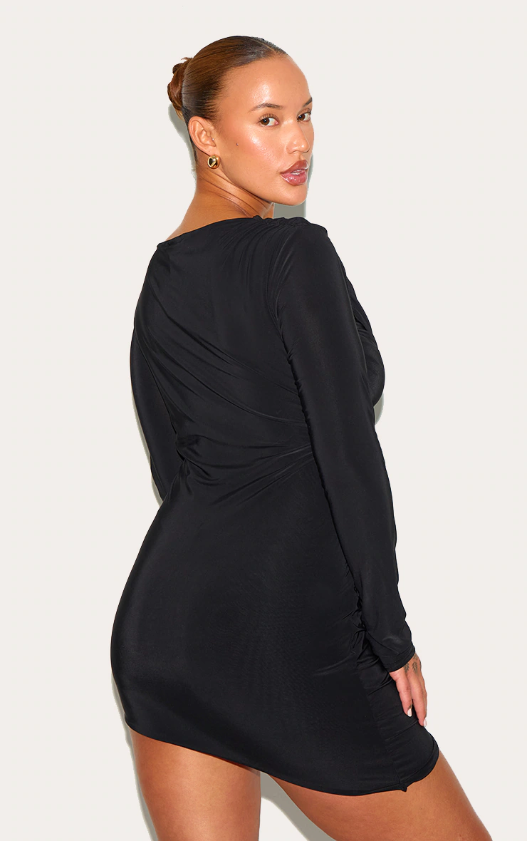 Plus Black Double Layer Slinky Ruched Long Sleeve Mini Dress