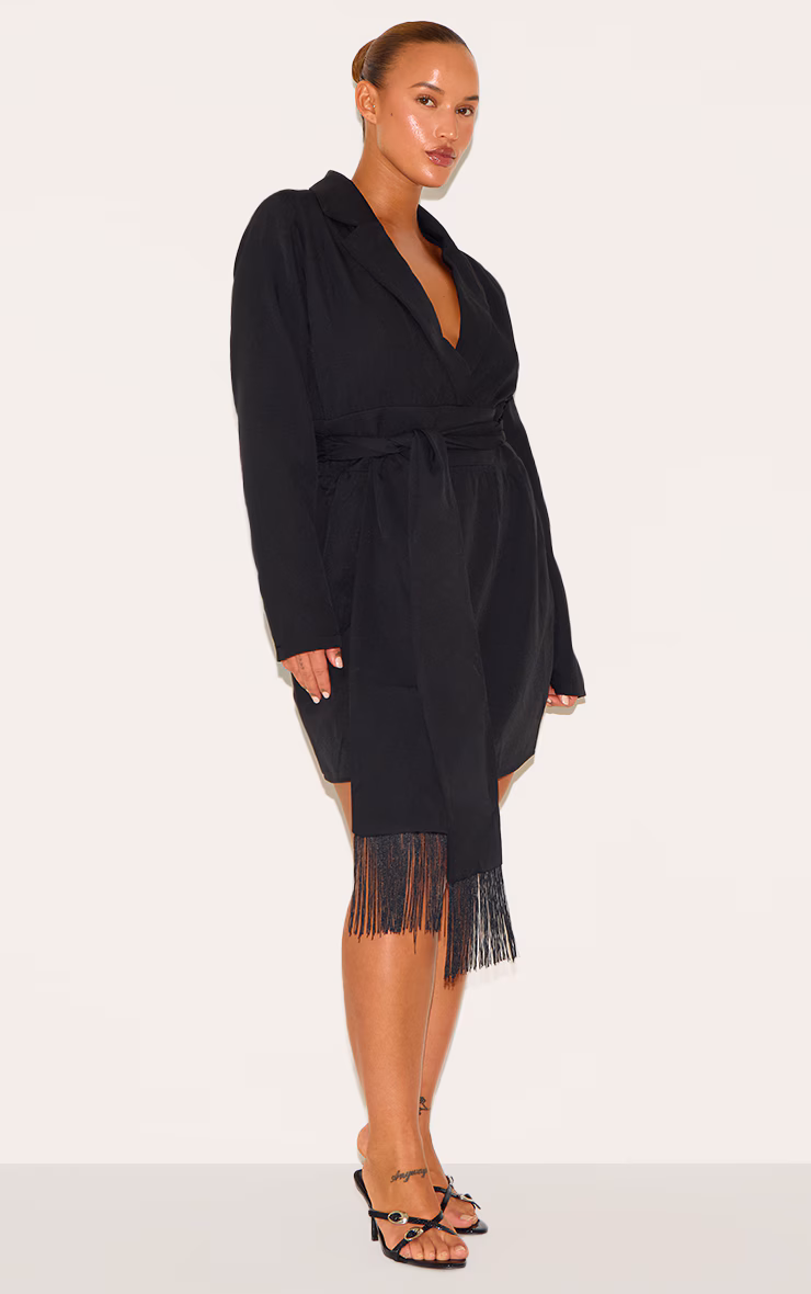 Plus Black Wrap Front Tassel Belted Dress