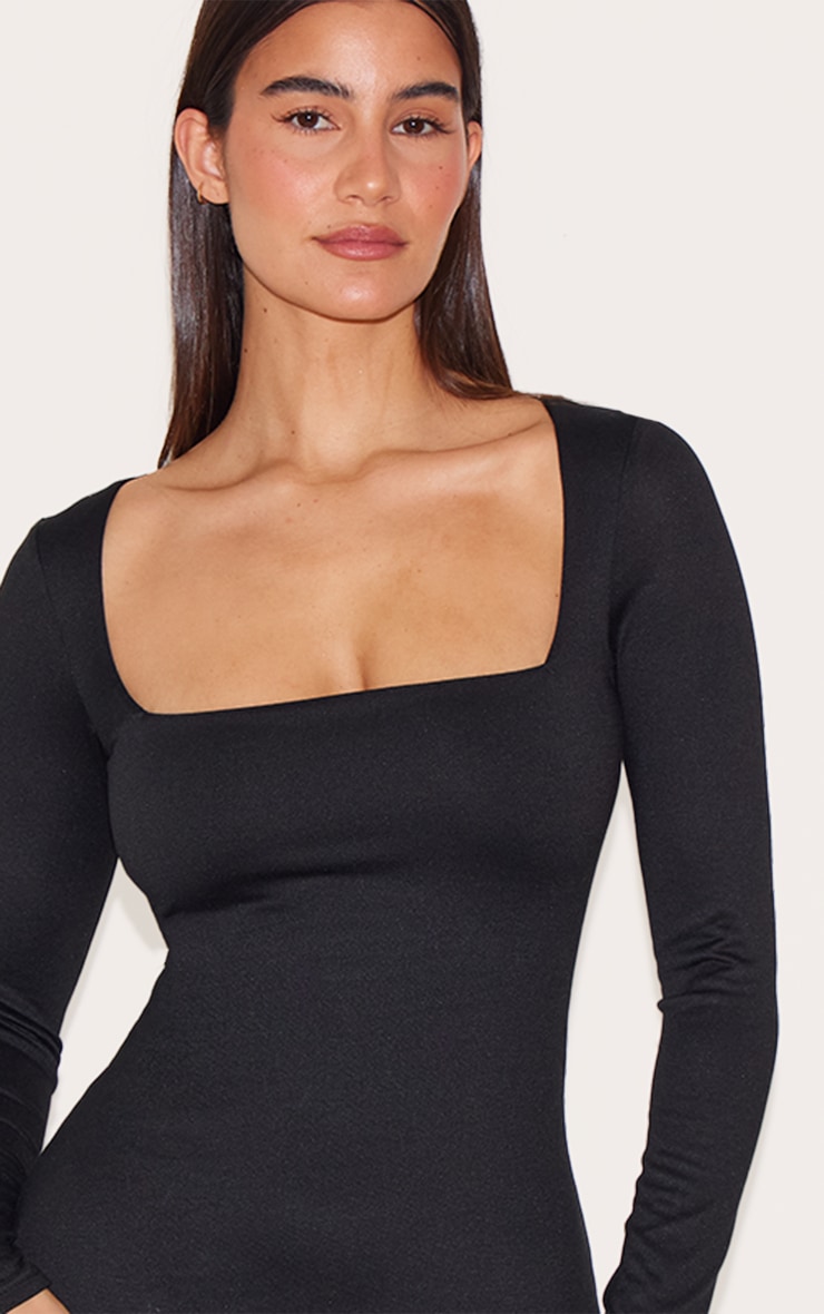 Black Double Contour Square Neck Long Sleeve Bodycon Dress