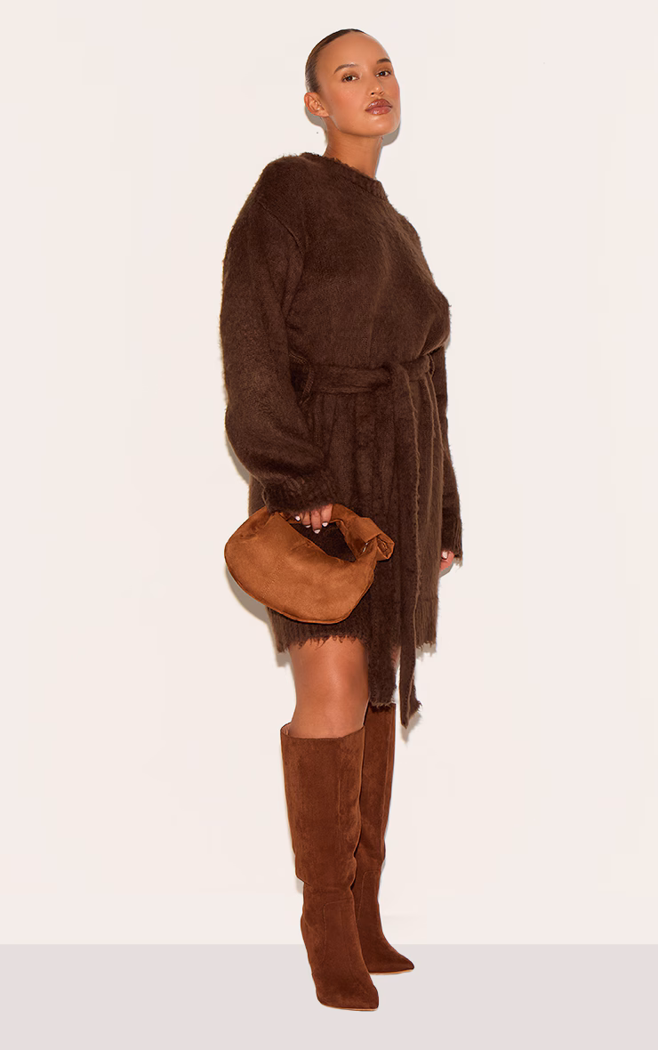 Plus Chocolate Belted Eyelash Knit Mini Dress