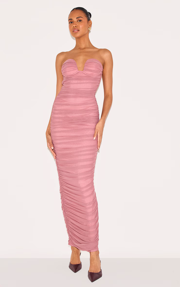 Blush Rose Mesh Ruched Bandeau Maxi Dress
