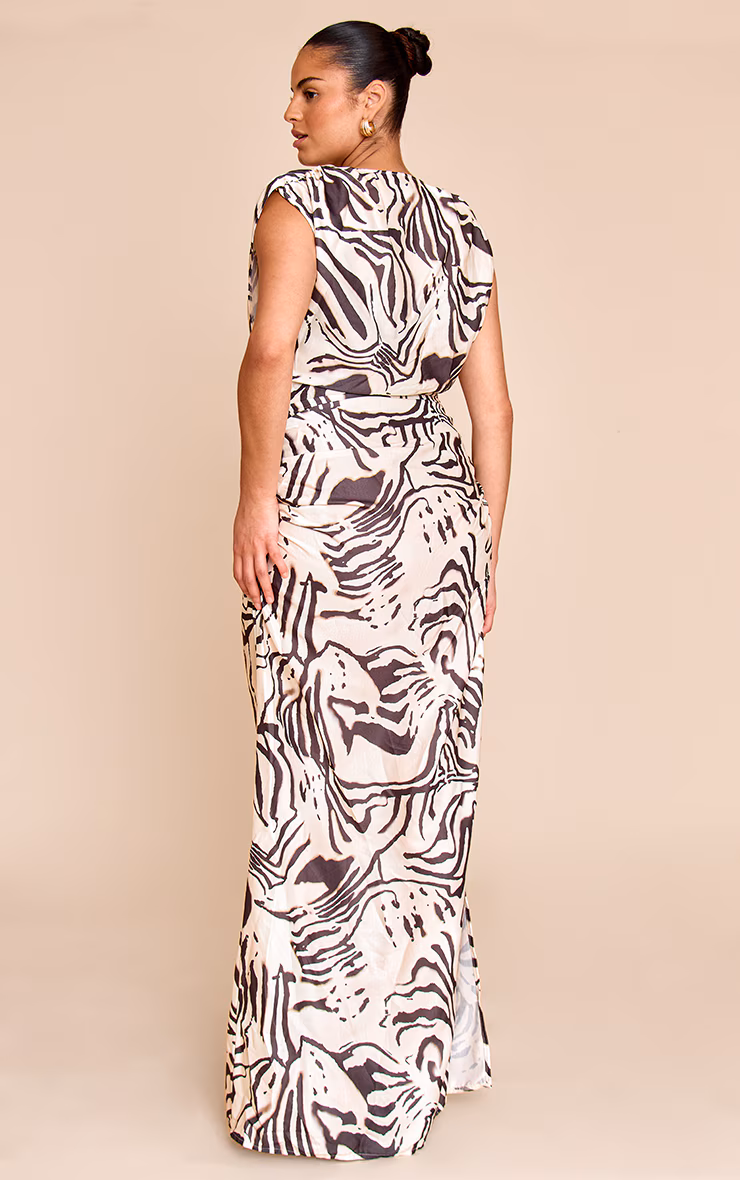 Plus Monochrome Printed Extreme Cowl Ruched Detail Maxi Dress