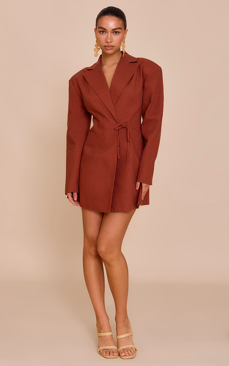 Rust Linen Blend Tie Detail Blazer Dress