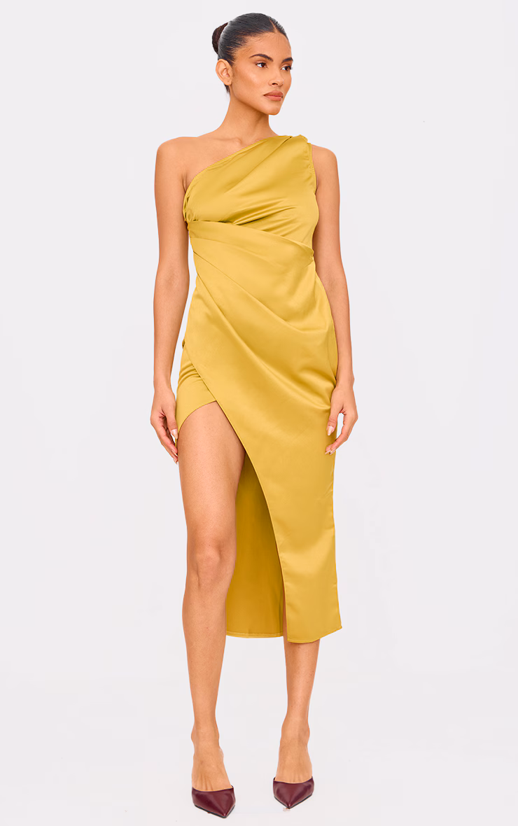 Olive Satin One Shoulder Pleat Detail Midi Dress