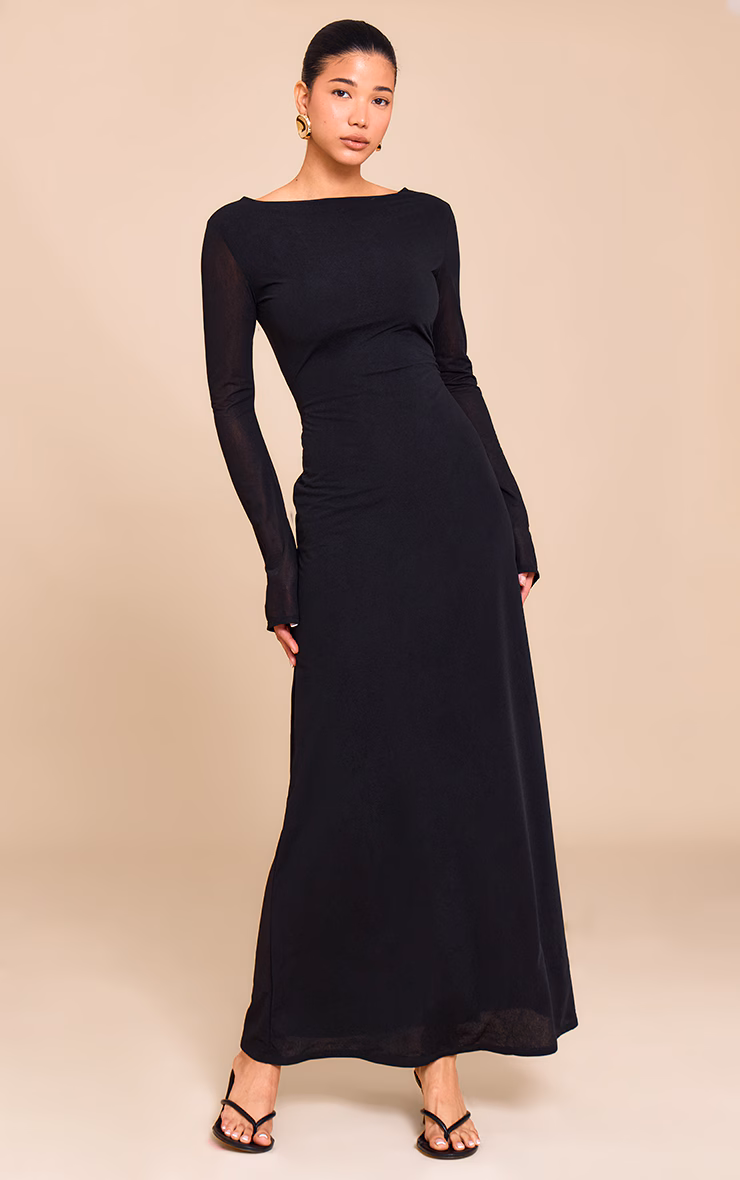 Black Chiffon Boat Neck Long Sleeve Maxi Dress