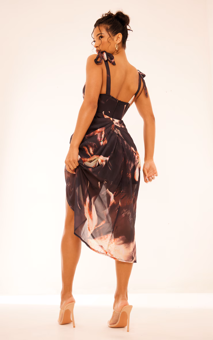 Brown Underwire Detail Draped Midi Dress
