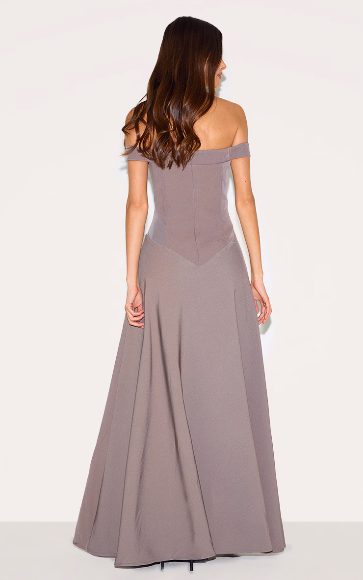 Mushroom Structured Bardot V Waist Maxi Dress