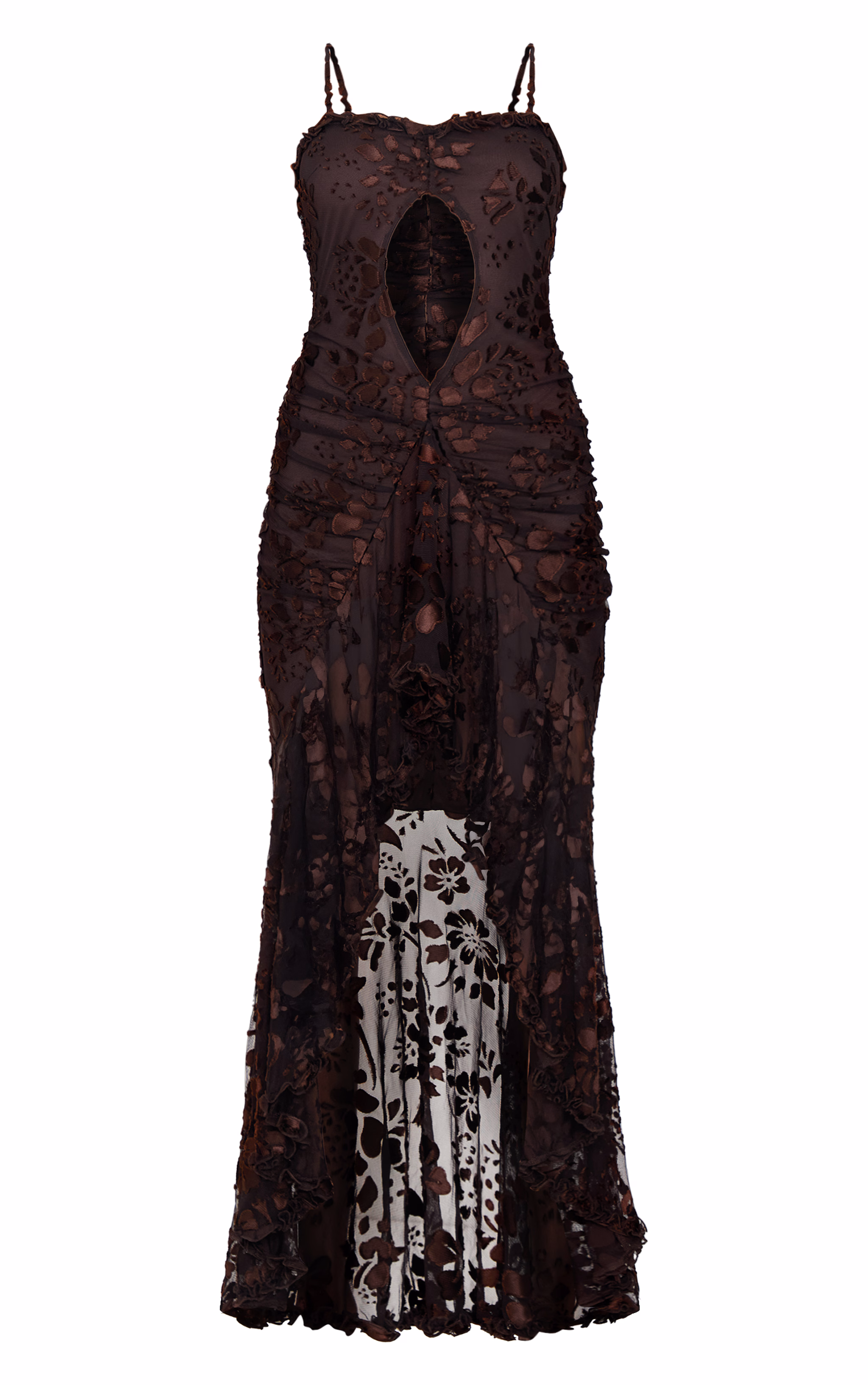 Brown Devore Cut Out Frill Detail Dress