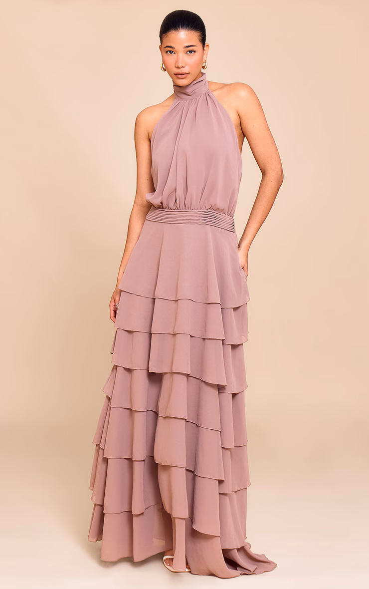 Taupe Chiffon Tiered Maxi Dress
