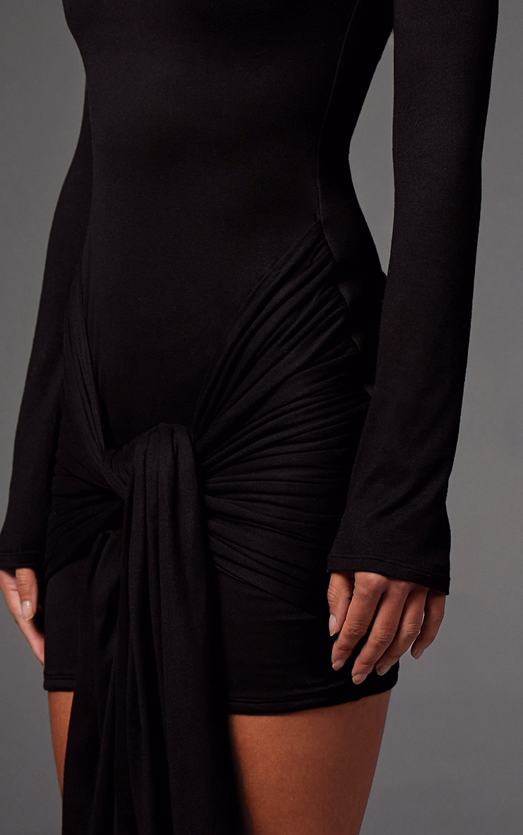 Black Double Contour Long Sleeve Wrap Detail Bodycon Dress