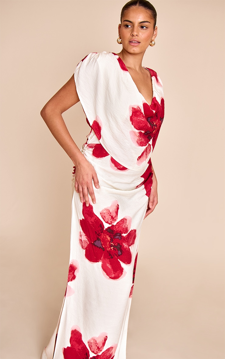 Plus Red Printed Extreme Cowl Ruched Detail Maxi Dress
