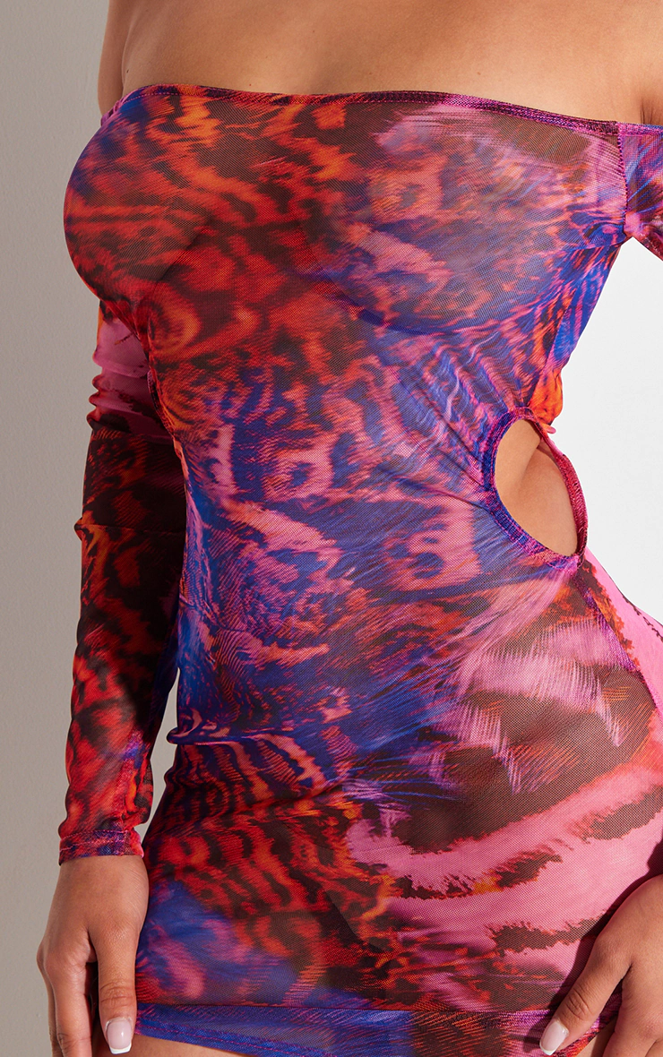 Shape Purple Printed Mesh Long Sleeve Bardot Cut Out Bodycon Dress