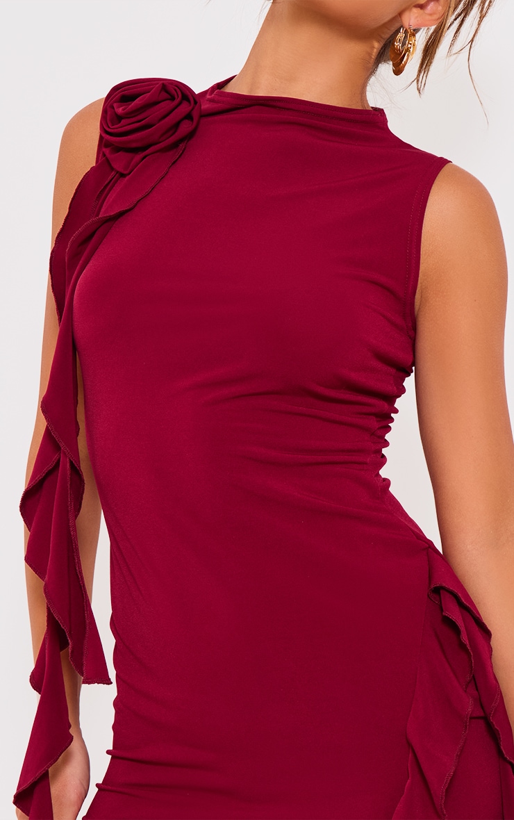 Cherry Red Rose Detail Ruffle Bodycon Dress