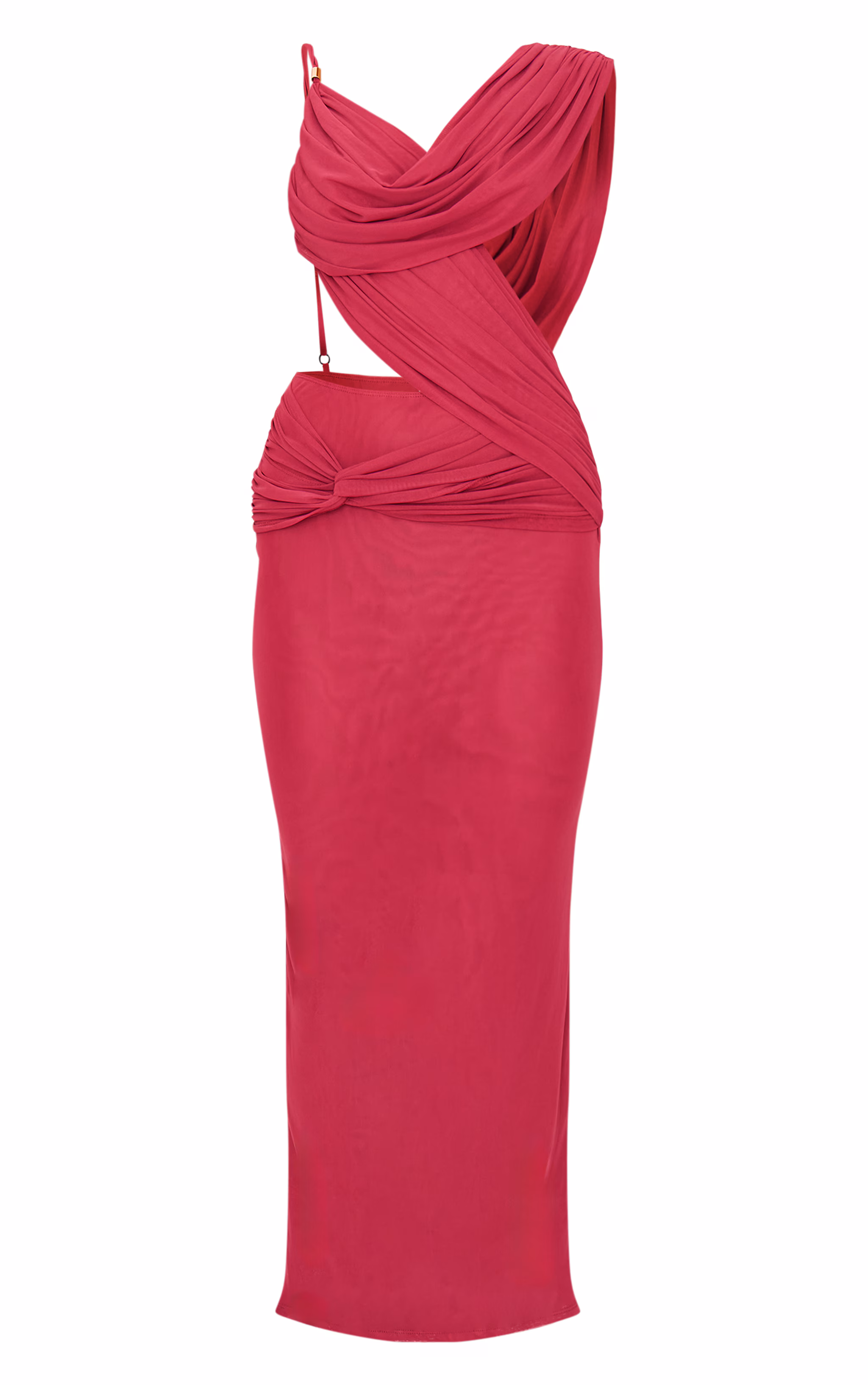 Burgundy Mesh Draped Cut Out Maxi Dress
