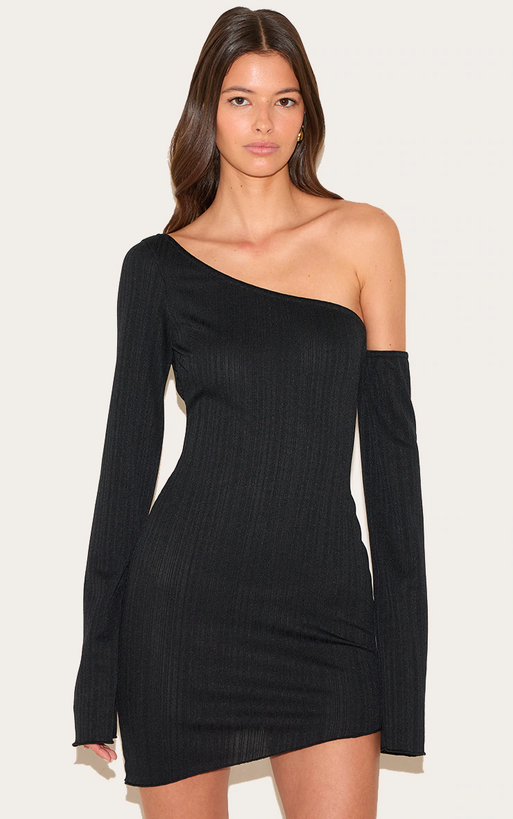 Black Textured Long Sleeve Asymmetric Mini Dress