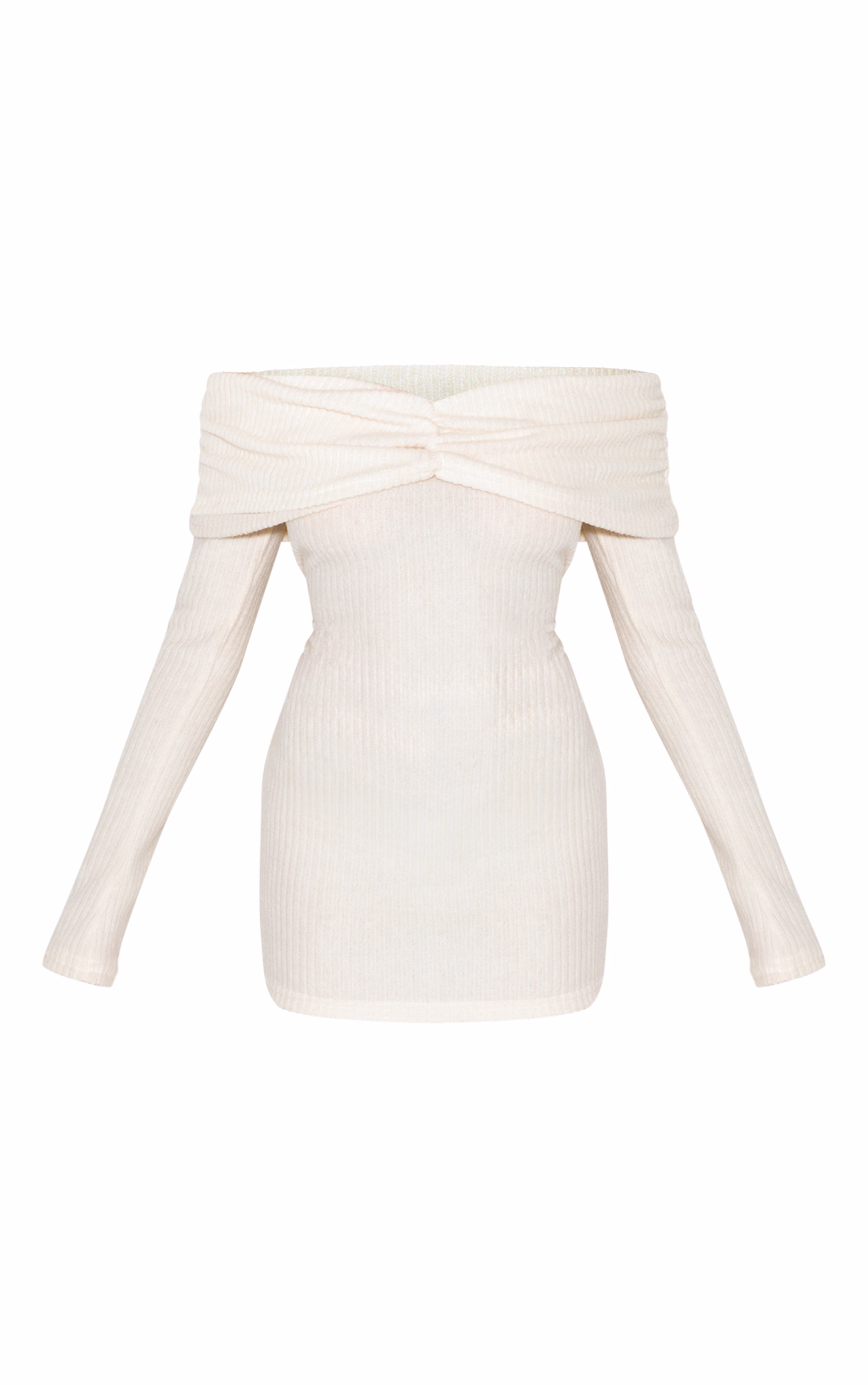 Cream Brushed Rib Bardot Long Sleeve Bodycon Dress