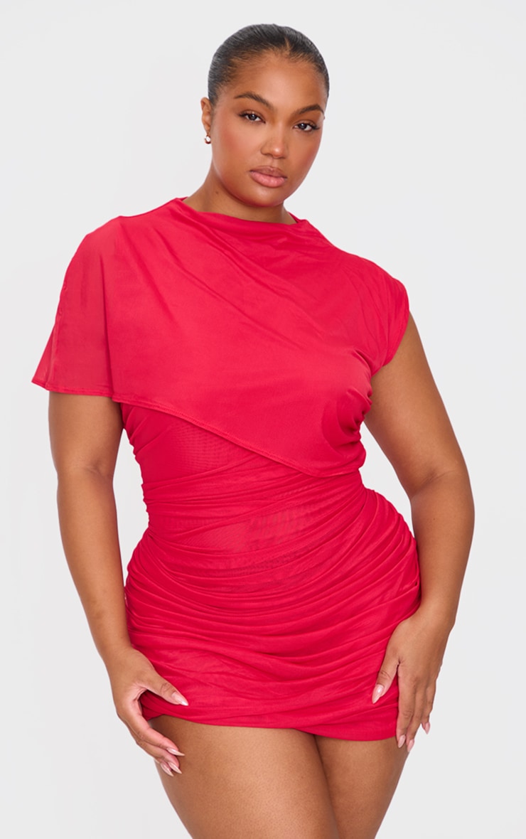 Red Mesh High Neck One Shoulder Mini Dress