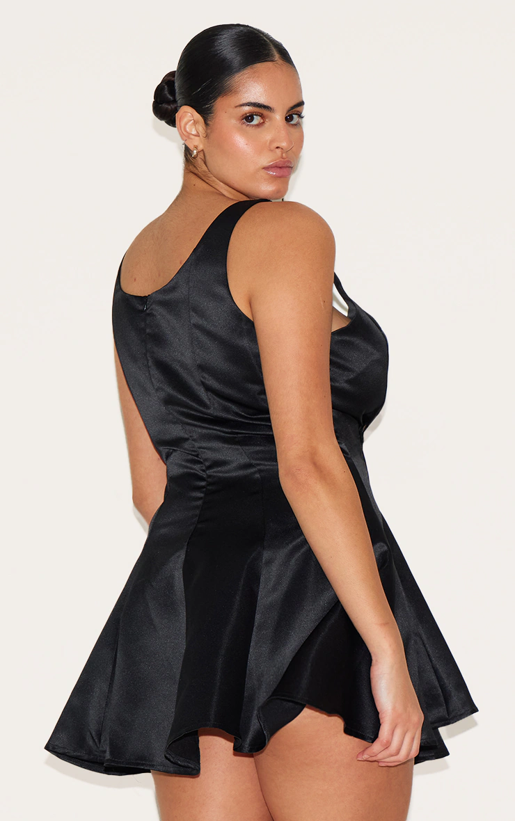 Plus Black Satin Square Neck Pleated Shift Dress