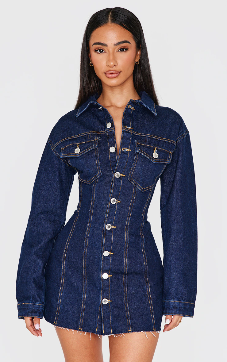 Petite Indigo Denim Long Sleeve Fitted Mini Dress