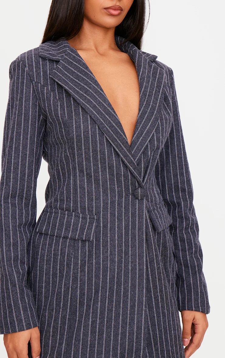 Navy Brushed Woven Pinstripe Cinched Waist Blazer Dress