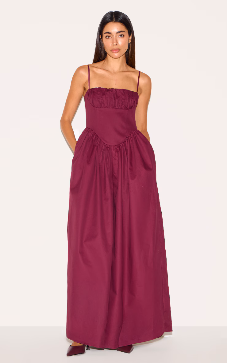 Plum Premium Ruched Corset Detail Wide Leg Jumpsuit