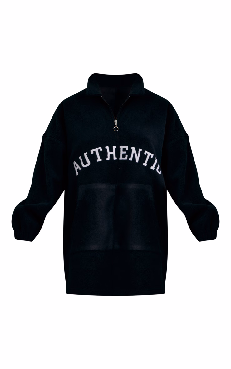 Black Authentic Graphic Half Zip Fleece Sweater Dress