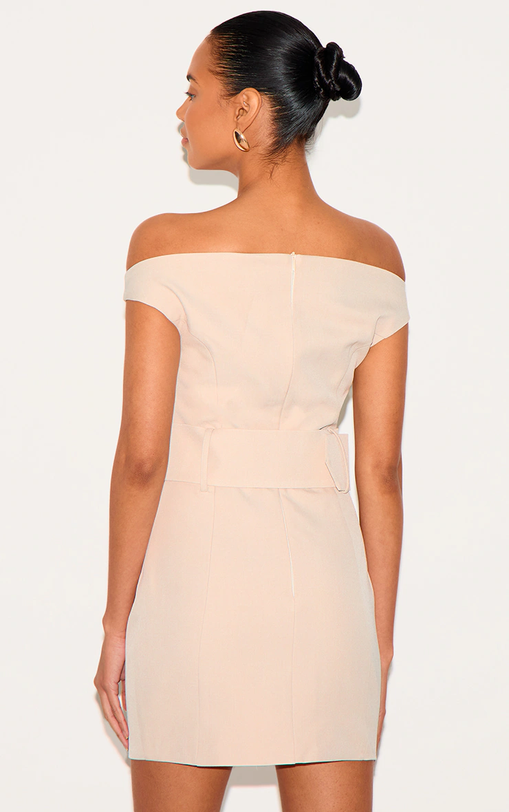 Almond Woven Off Shoulder Belt Detail Mini Dress